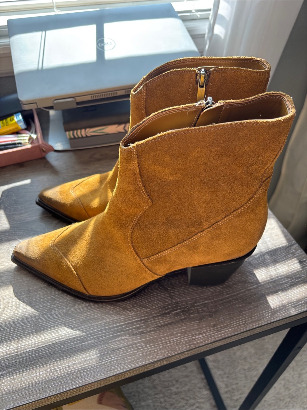 Marc Fisher Mustard Suede Pointed Toe Western Ankle Boots